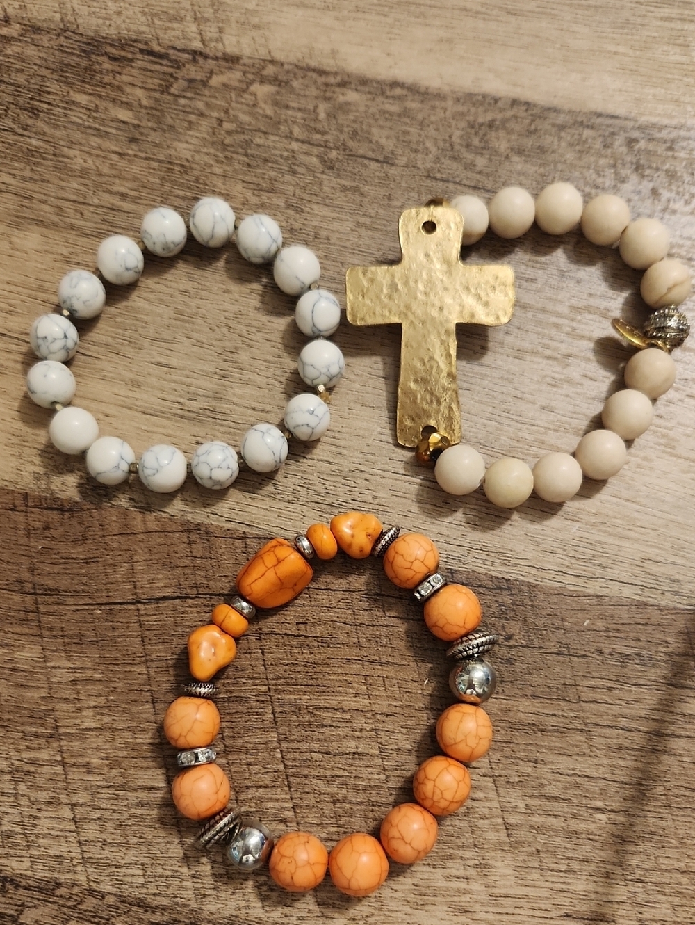 Beaded Bracelet Set - White, Cream & Orange Stone